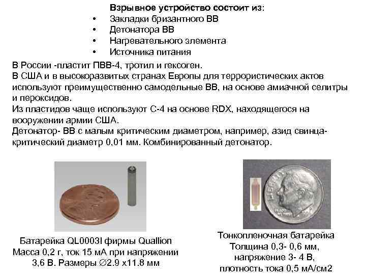 Взрывное устройство состоит из: • Закладки бризантного ВВ • Детонатора ВВ • Нагревательного элемента