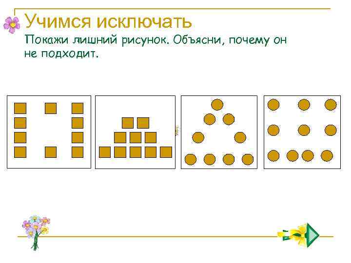 Учимся исключать Покажи лишний рисунок. Объясни, почему он не подходит. 