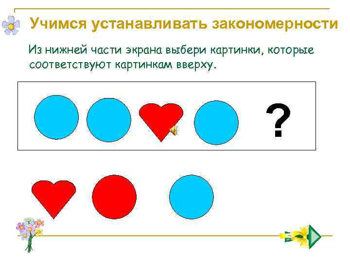 Учимся устанавливать закономерности Из нижней части экрана выбери картинки, которые соответствуют картинкам вверху. ?