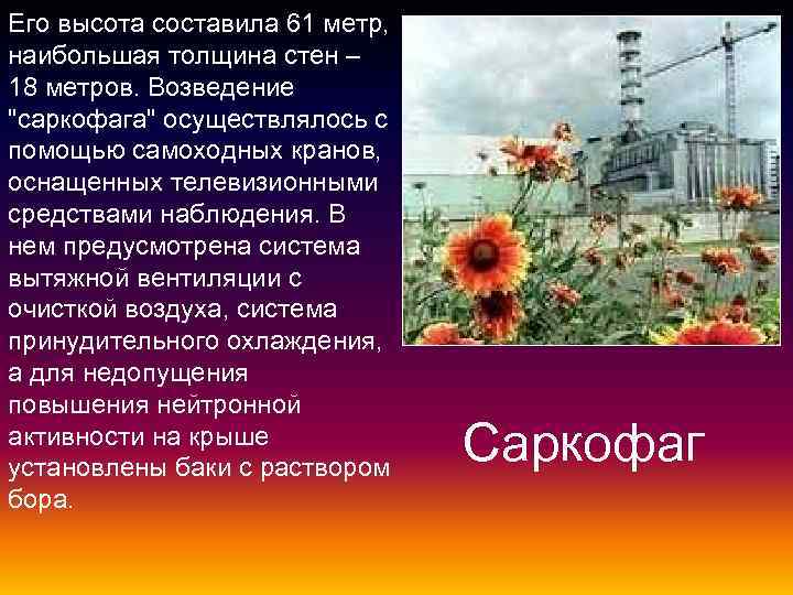 Его высота составила 61 метр, наибольшая толщина стен – 18 метров. Возведение "саркофага" осуществлялось