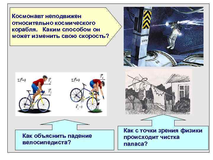 Космонавт неподвижен относительно космического корабля. Каким способом он может изменить свою скорость? Как объяснить