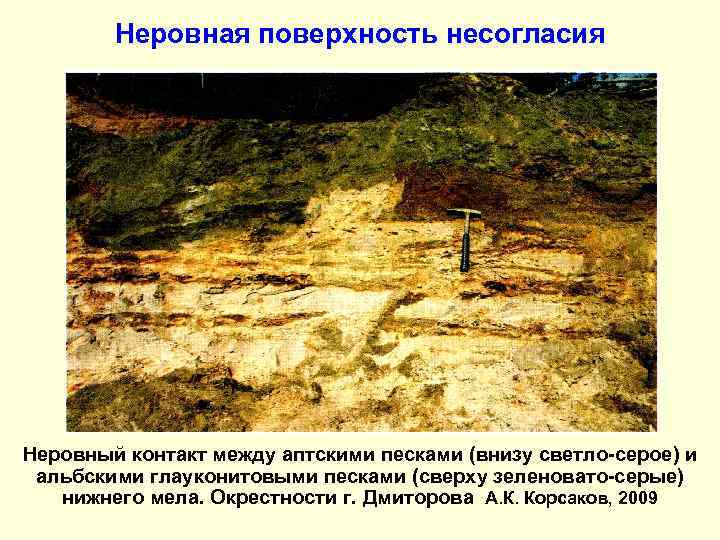Неровная поверхность несогласия Неровный контакт между аптскими песками (внизу светло-серое) и альбскими глауконитовыми песками