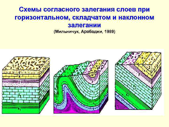 Схемы согласного залегания слоев при горизонтальном, складчатом и наклонном залегании (Мильничук, Арабаджи, 1989) 