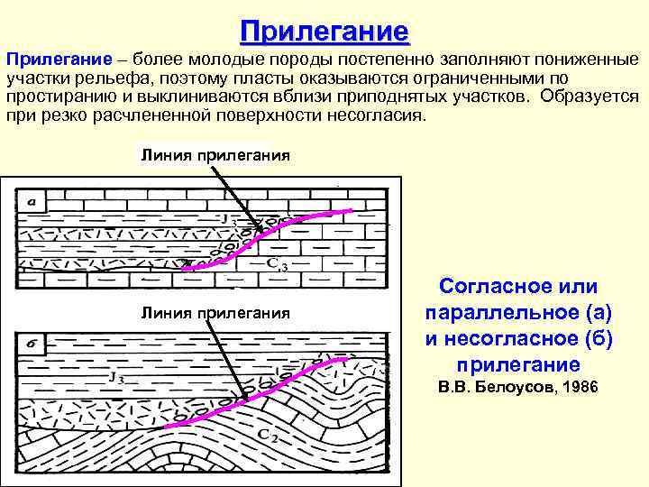 Прилегание – более молодые породы постепенно заполняют пониженные участки рельефа, поэтому пласты оказываются ограниченными