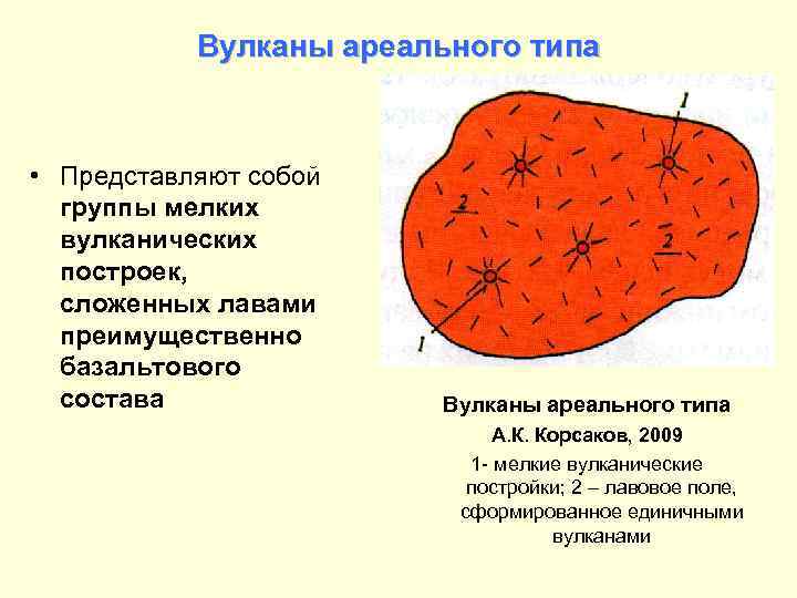 Вулканы ареального типа • Представляют собой группы мелких вулканических построек, сложенных лавами преимущественно базальтового