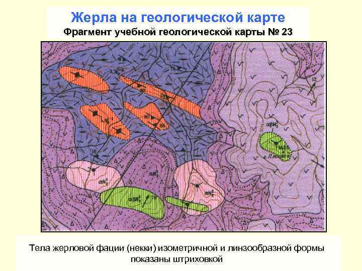 Жерла на геологической карте Фрагмент учебной геологической карты № 23 Тела жерловой фации (некки)