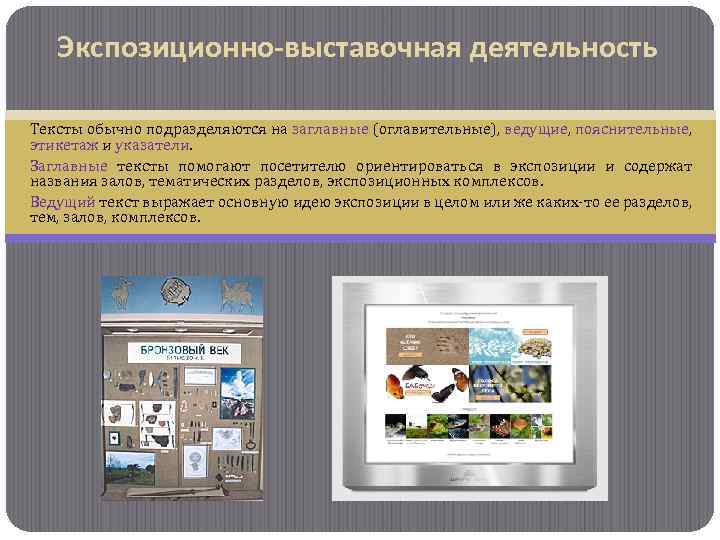 Экспозиционно-выставочная деятельность Тексты обычно подразделяются на заглавные (оглавительные), ведущие, пояснительные, этикетаж и указатели. Заглавные