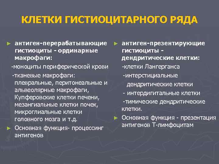 КЛЕТКИ ГИСТИОЦИТАРНОГО РЯДА антиген-перерабатывающие ► антиген-презентирующие гистиоциты - ординарные гистиоциты макрофаги: дендритические клетки: -моноциты