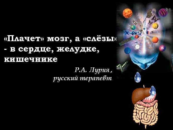 «Плачет» мозг, а «слёзы» - в сердце, желудке, кишечнике Р. А. «Плачет» мозг, а «слёзы» - в сердце, желудке, кишечнике Р. А.