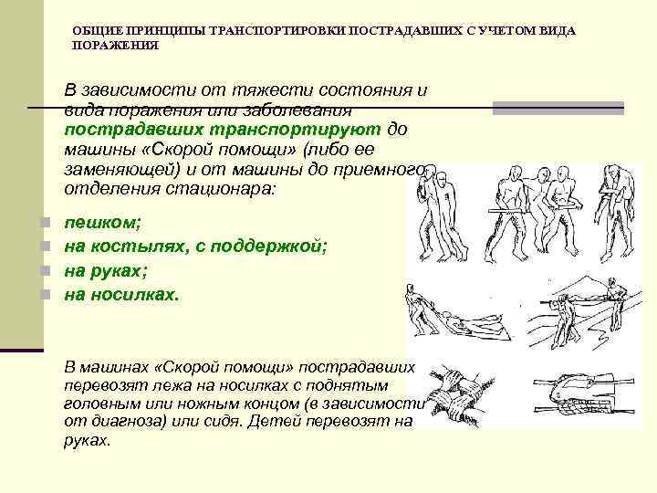 ОБЩИЕ ПРИНЦИПЫ ТРАНСПОРТИРОВКИ ПОСТРАДАВШИХ С УЧЕТОМ ВИДА ПОРАЖЕНИЯ В зависимости от тяжести состояния и