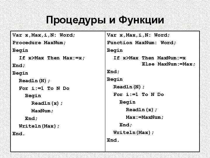 Процедуры и Функции Var x, Max, i, N: Word; Procedure Max. Num; Begin If