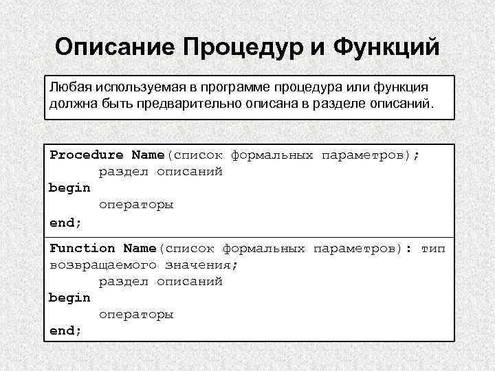 Описание Процедур и Функций Любая используемая в программе процедура или функция должна быть предварительно