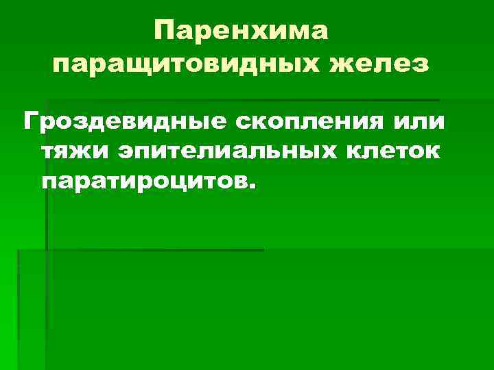 Паренхима паращитовидных желез Гроздевидные скопления или тяжи эпителиальных клеток паратироцитов. 
