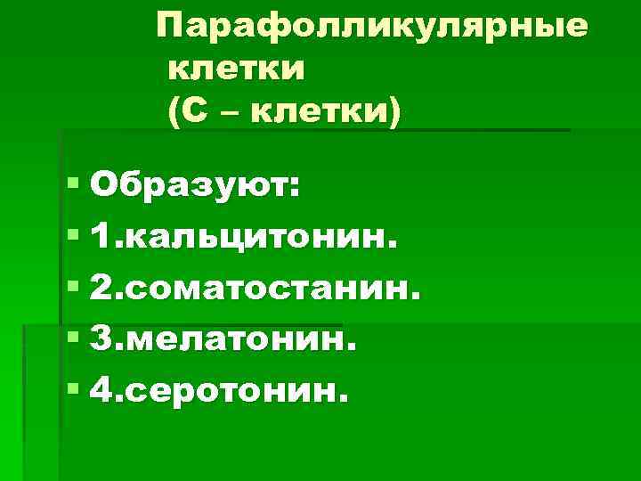 Парафолликулярные клетки (С – клетки) § Образуют: § 1. кальцитонин. § 2. соматостанин. §