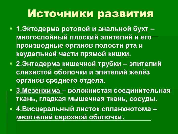 Источники развития § 1. Эктодерма ротовой и анальной бухт – многослойный плоский эпителий и