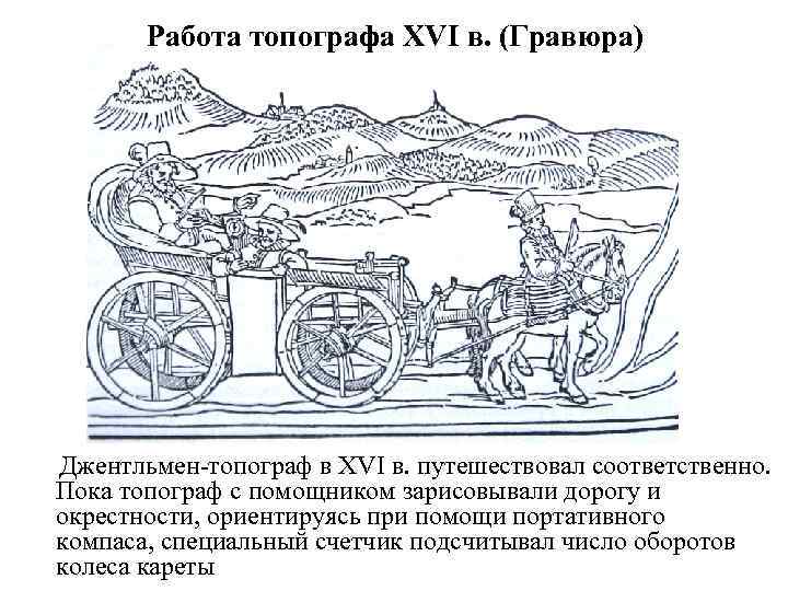 Работа топографа XVI в. (Гравюра) Джентльмен-топограф в XVI в. путешествовал соответственно. Пока топограф с