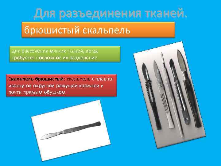 Для разъединения тканей. брюшистый скальпель для рассечения мягких тканей, когда требуется послойное их разделение