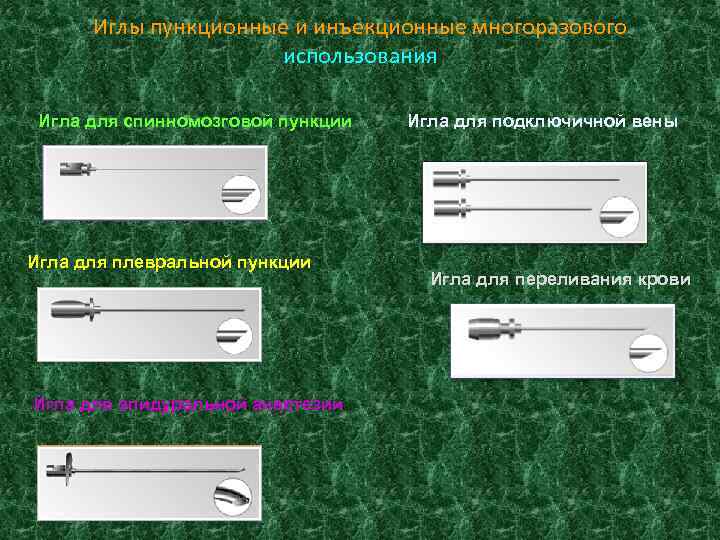 Иглы пункционные и инъекционные многоразового использования Игла для спинномозговой пункции Игла для плевральной пункции