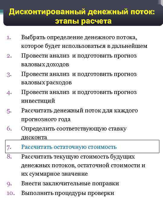 15 Дисконтированный денежный поток: этапы расчета 1. Выбрать определение денежного потока, которое будет использоваться