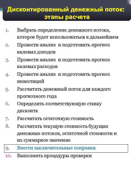 21 Дисконтированный денежный поток: этапы расчета 1. Выбрать определение денежного потока, которое будет использоваться