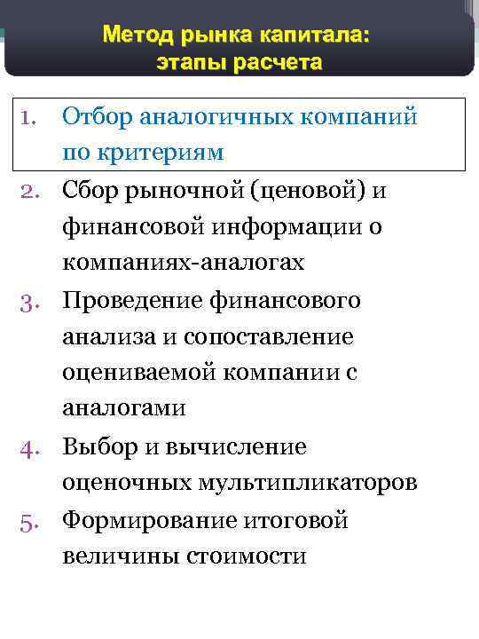 Метод рынка капитала: этапы расчета 1. Отбор аналогичных компаний по критериям 2. Сбор рыночной