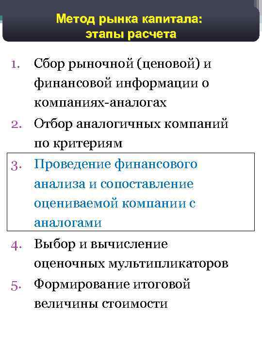 Метод рынка капитала: этапы расчета 1. Сбор рыночной (ценовой) и финансовой информации о компаниях-аналогах