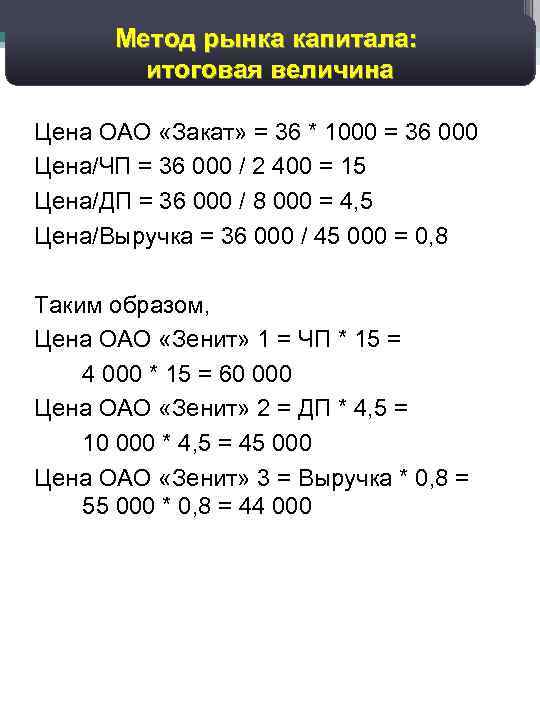 45 Дисконтированный денежный поток: Метод рынка капитала: прогноз валовых доходов итоговая величина Цена ОАО