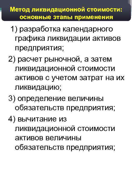 50 Метод ликвидационной стоимости: основные этапы применения 1) разработка календарного графика ликвидации активов предприятия;