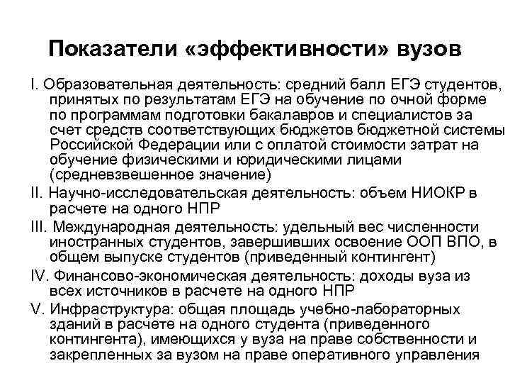 Показатели «эффективности» вузов I. Образовательная деятельность: средний балл ЕГЭ студентов, принятых по результатам ЕГЭ