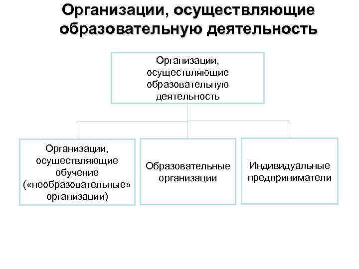 Организации, осуществляющие образовательную деятельность Организации, осуществляющие обучение ( «необразовательные» организации) Образовательные организации Индивидуальные предприниматели
