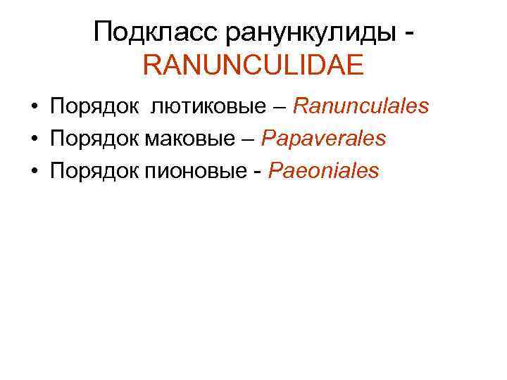 Подкласс ранункулиды RANUNCULIDAE • Порядок лютиковые – Ranunculales • Порядок маковые – Papaverales •