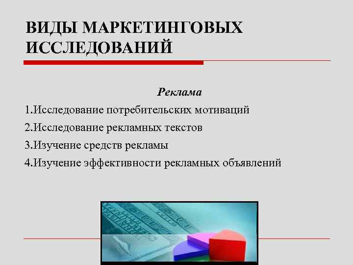 ВИДЫ МАРКЕТИНГОВЫХ ИССЛЕДОВАНИЙ Реклама 1. Исследование потребительских мотиваций 2. Исследование рекламных текстов 3. Изучение