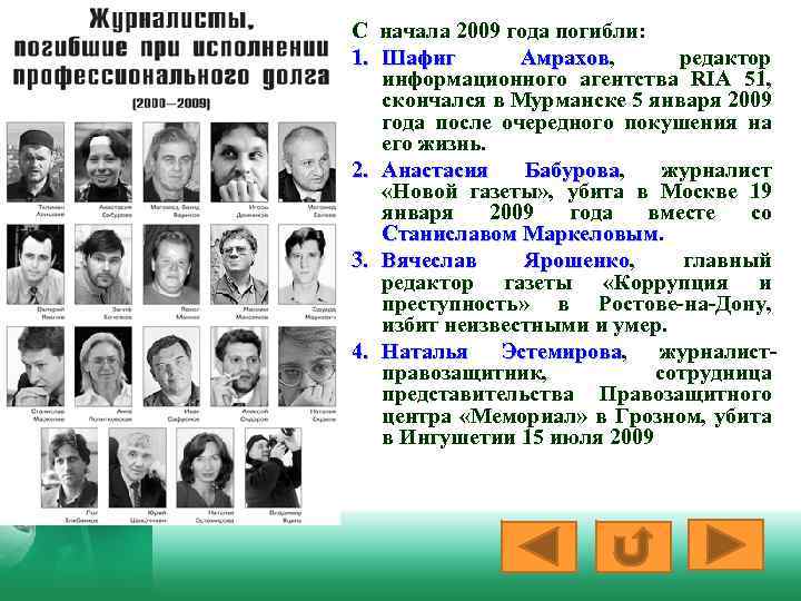 С начала 2009 года погибли: 1. Шафиг Амрахов, редактор Амрахов информационного агентства RIA 51,