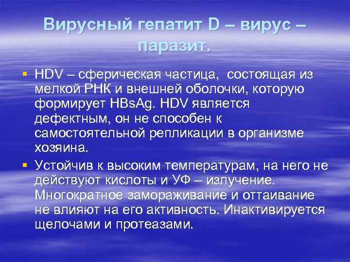Вирусный гепатит D – вирус – паразит. § HDV – сферическая частица, состоящая из
