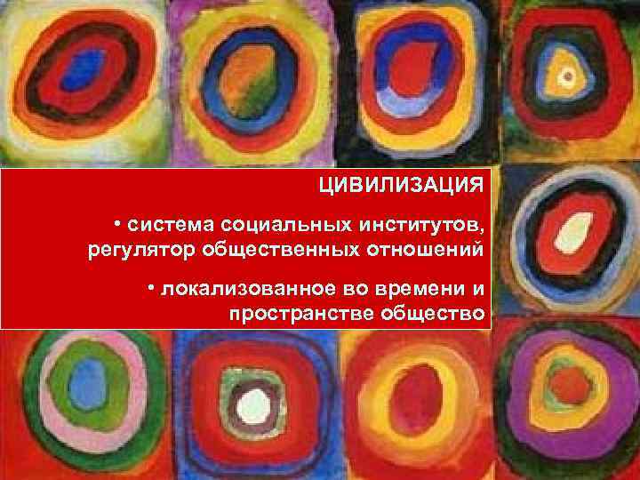 ЦИВИЛИЗАЦИЯ • система социальных институтов, регулятор общественных отношений • локализованное во времени и пространстве