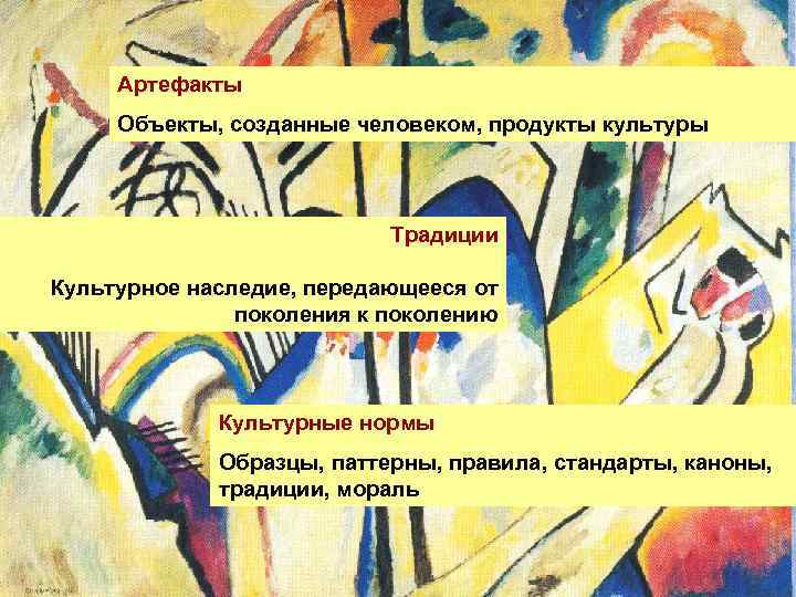 Артефакты Объекты, созданные человеком, продукты культуры Традиции Культурное наследие, передающееся от поколения к поколению