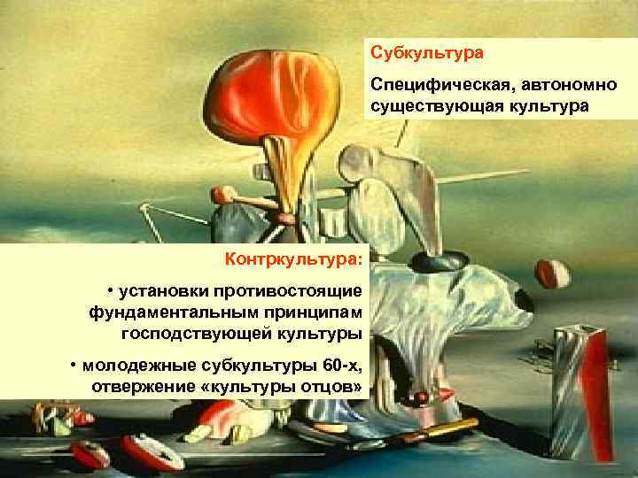 Субкультура Специфическая, автономно существующая культура Контркультура: • установки противостоящие фундаментальным принципам господствующей культуры •