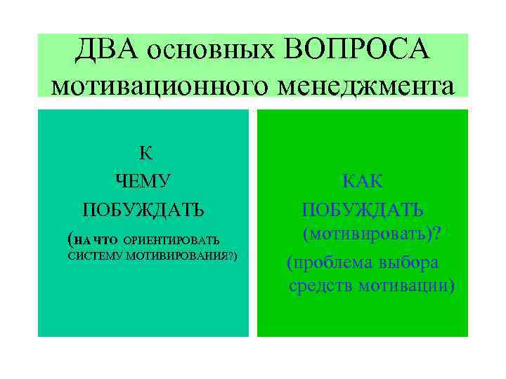 ДВА основных ВОПРОСА мотивационного менеджмента К ЧЕМУ ПОБУЖДАТЬ (НА ЧТО ОРИЕНТИРОВАТЬ СИСТЕМУ МОТИВИРОВАНИЯ? )