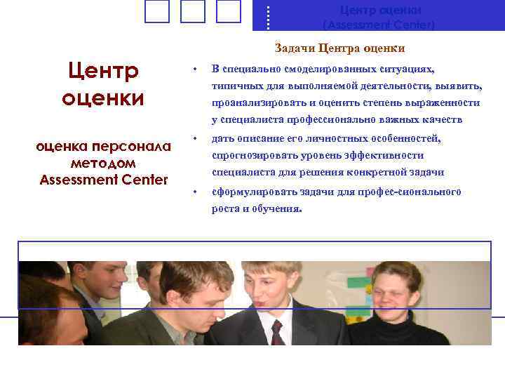Центр оценки (Assessment Center) Задачи Центра оценки Центр оценки • В специально смоделированных ситуациях,