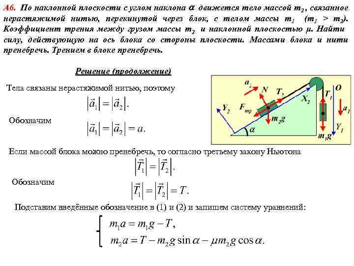 А 6. По наклонной плоскости с углом наклона движется тело массой m 2 ,
