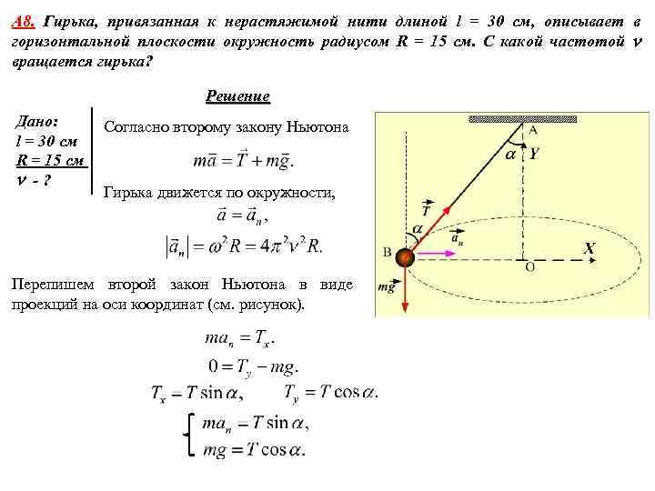 А 8. Гирька, привязанная к нерастяжимой нити длиной l = 30 см, описывает в