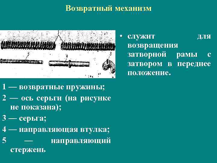 Возвратный механизм. Возвратный механизм служит. Назначение затворной рамы с затвором. Служит для возвращения затворной рамы в переднее положение. Возвратная пружина затворная рама.