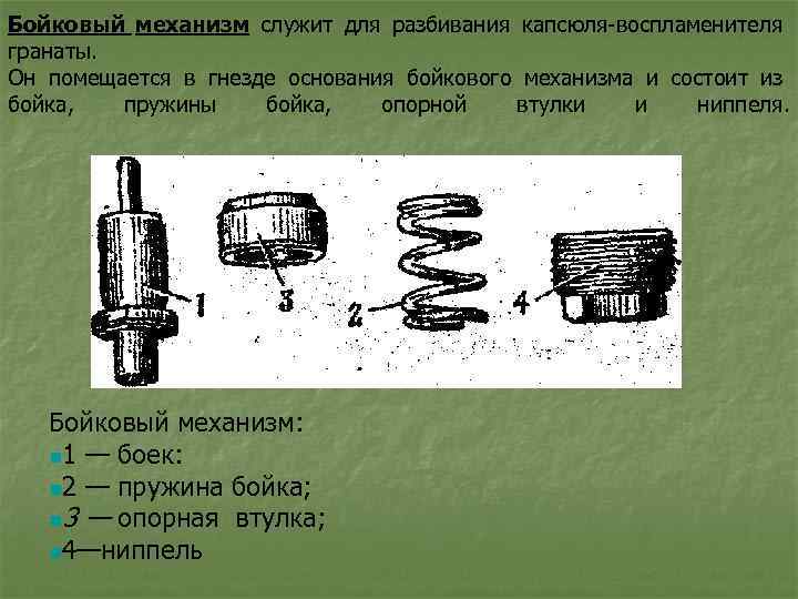 Бойковый механизм служит для разбивания капсюля воспламенителя гранаты. Он помещается в гнезде основания бойкового