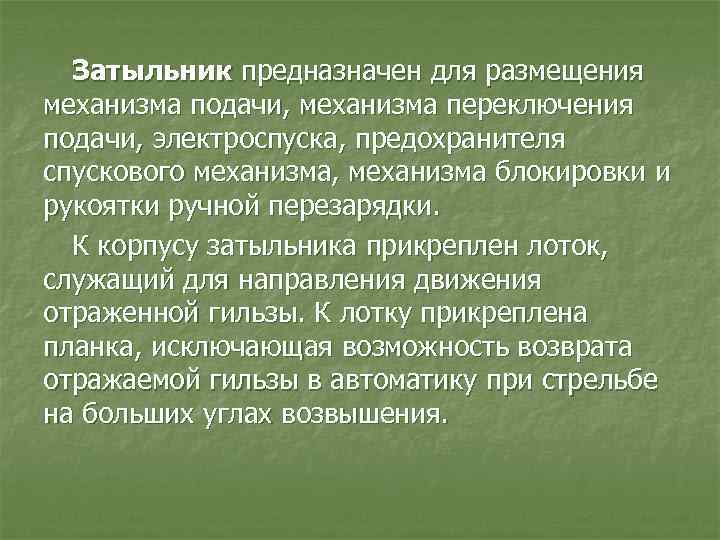 Затыльник предназначен для размещения механизма подачи, механизма переключения подачи, электроспуска, предохранителя спускового механизма, механизма
