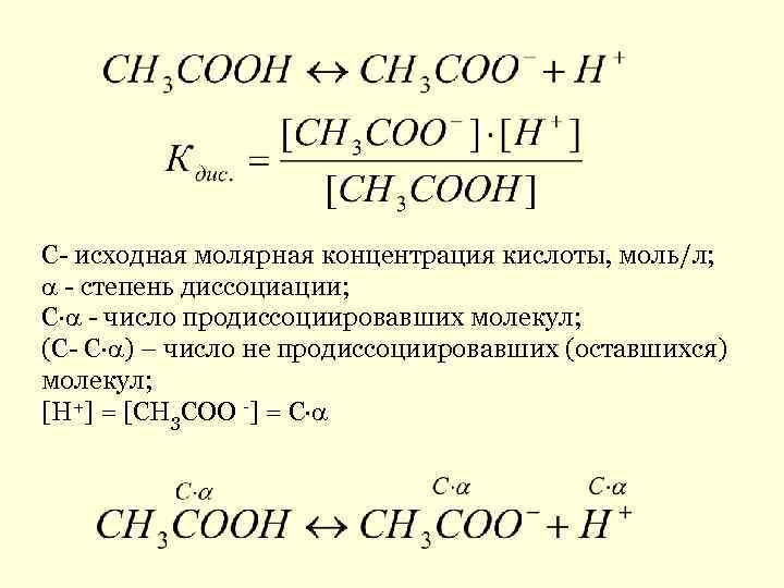 С- исходная молярная концентрация кислоты, моль/л; - степень диссоциации; С - число продиссоциировавших молекул;