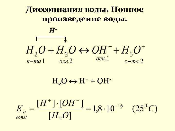 Ионная вода формула. Диссоциация воды ионное произведение воды. Ионное произведение воды формула. Уравнение ионного произведения воды. Константа диссоциации и ионное произведение воды.