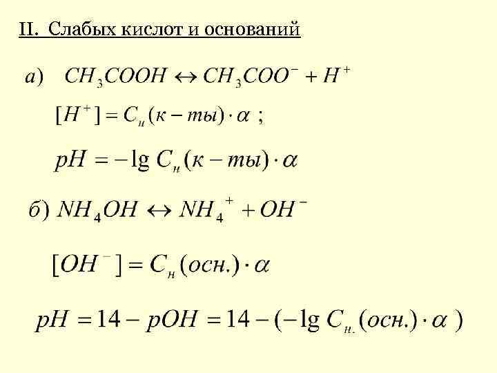 II. Слабых кислот и оснований 