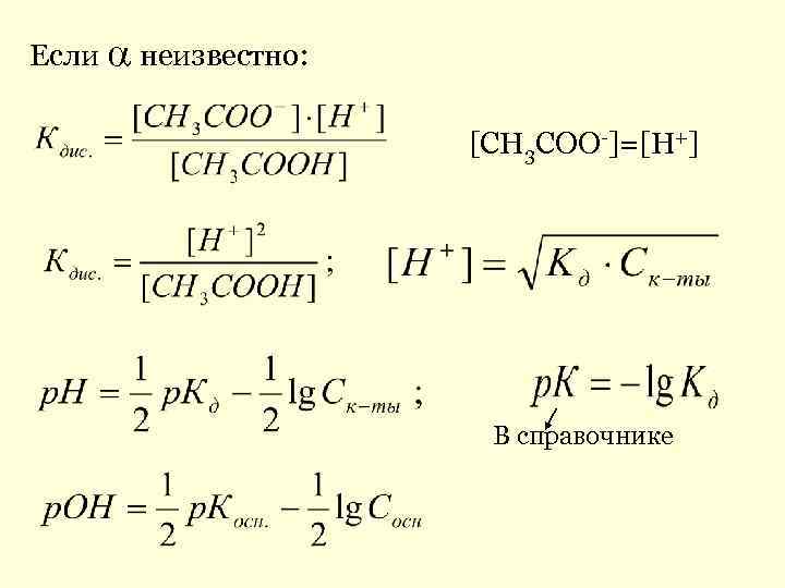 Если неизвестно: [СН 3 СОО-]=[Н+] В справочнике 