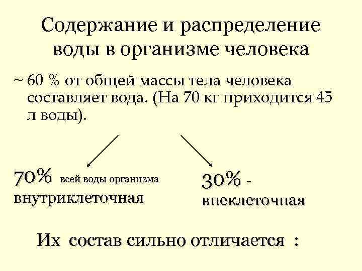  Содержание и распределение воды в организме человека ~ 60 % от общей массы