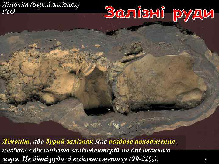 Лімоніт (бурий залізняк) Fe. O Лімоніт, або бурий залізняк має осадове походження, пов'яне з